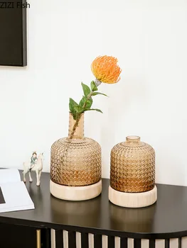 

RELIEF CRAFT GLASS VASE WOODEN BASE ORNAMENTS FLOWER ARRANGEMENT DESKTOP DECORATION FLORAL CREATIVITY VASE MODERN HOME DECOR