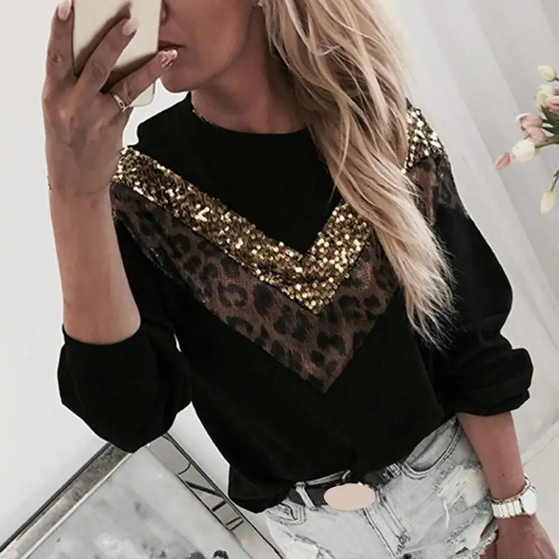 Весенне-осенняя женская верхняя одежда ropa mujer, Леопардовый свитшот с длинным рукавом и пайетками, модная женская толстовка, пуловеры