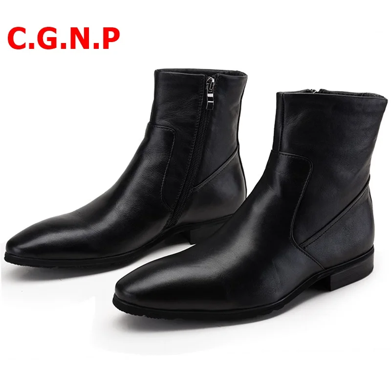 

C.G.N.P Black Soft Genuine Leather Boots Fake Fur Lining Warm Winter Boots Men Leather Casual Shoes Zippers Short Boots For Men
