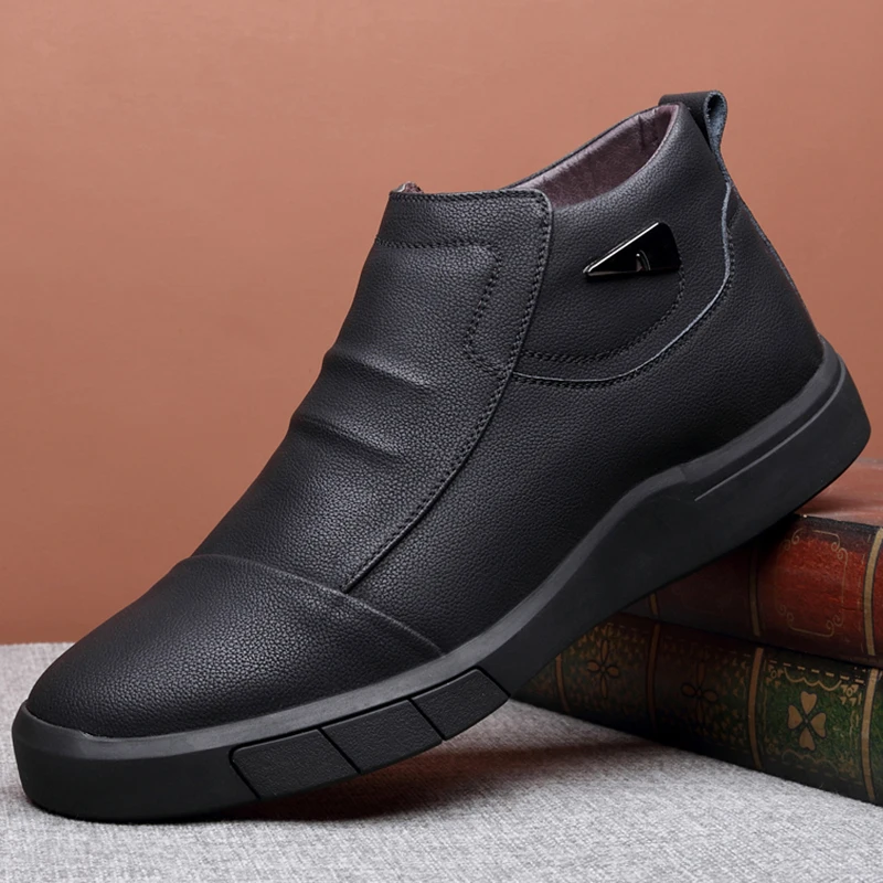 

Winter New Anti-skid Men's Genuine Leather Boots Side Zip Wear-resistant Casual Shoes Pure Sheep Fur Mens Warm Ankle Shoes M6001