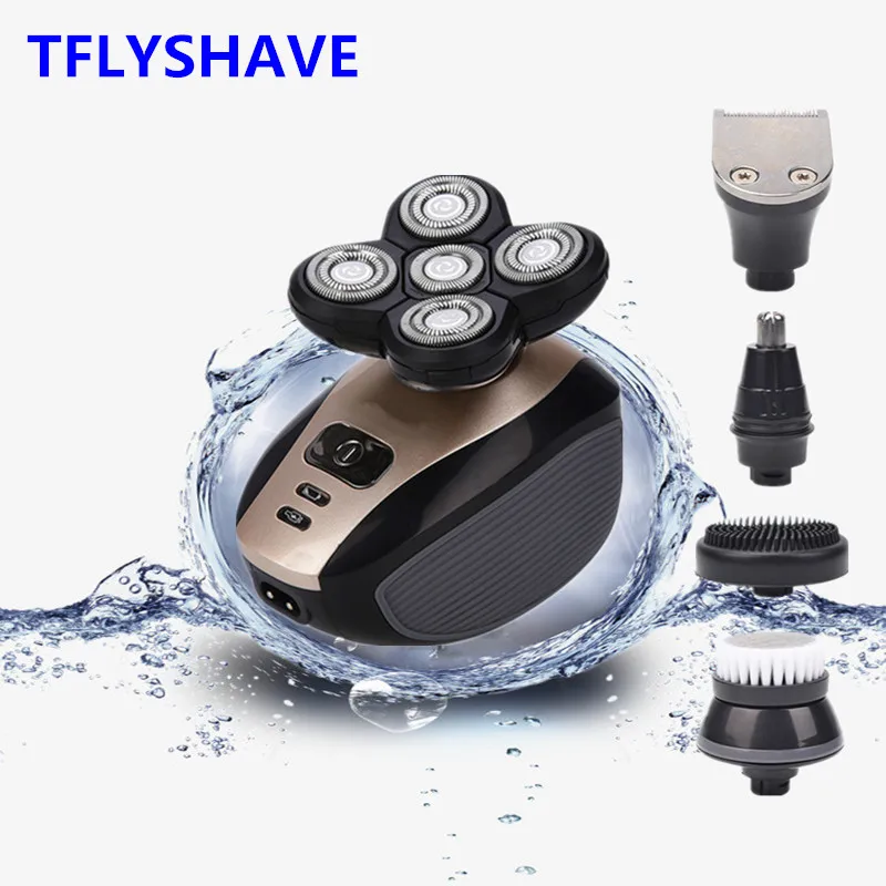 

5 In 1 4D Men Rechargeable Bald Head USB Electric Shaver 5 Floating Heads Beard Nose Ear Hair Trimmer Razor Clipper Facial Brush