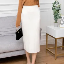 Высокая талия осень зима Женская Элегантная трикотажная Облегающая Юбка белая однотонная женская одежда юбки до середины икры Длина
