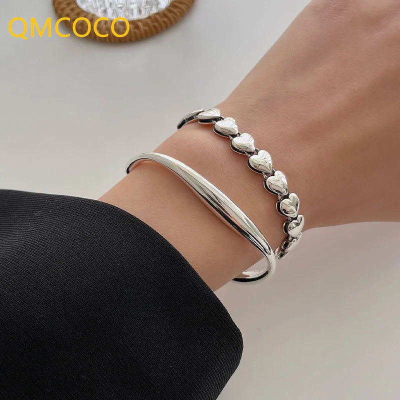 Chain Bracelet QMCOCO Silver Color Love Heart Female Sweet Retro Simple Fashion Couples Jewelry Gift chain bracelet