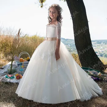 

Amaya Off the Shoulder Flower Girl Dresses for Wedding Half Sleeves Lace Applique First Communion Gown Ball Gown Kids Prom Dress