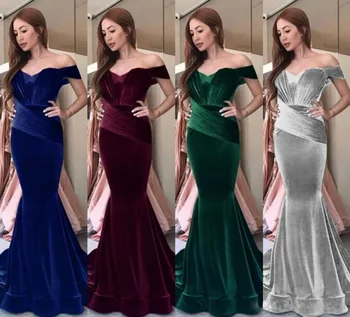 

Plus Size Fishtail Long Dress Sexy Women Formal Bridesmaid Mermaid Dresses Slash Neck Burgundy Red Velvet Stretch Bodycon Dress