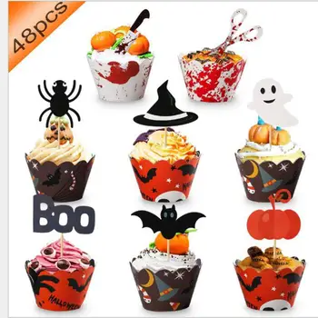 

New Cupcake Wrappers Cake Toppers Set Party Pumpkin Bat Spider Cake for Halloween Party Decoration Accessories Favor Supplies