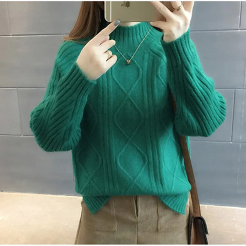 

Autumn and winter new half high collar Pullover women's 2019 Korean version loose and thickened solid color top women's bottomin