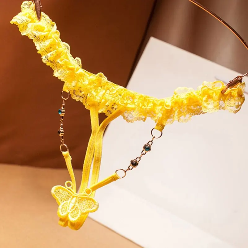 Yellow Женские сексуальные кружевные трусики, стразы, открытая промежность, g-стринги, эротическое нижнее белье с вырезами, полностью прозрачное сексуальное нижнее белье, стринги - Цвет: Yellow