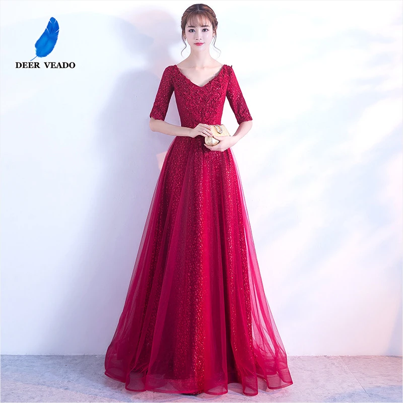 

DEERVEADO Elegant A Line V Neck Long Evening Dress Half Sleeves Formal Dress Evening Party Dresses Gown Robe De Soiree CS102