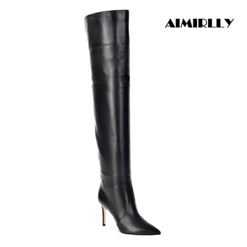 

Pointed Toe High Heel Black PU Over the Knee Boots Women Slip On Winter Dress Long Boots Big chart Size US 16 10cm Sexy Ladies