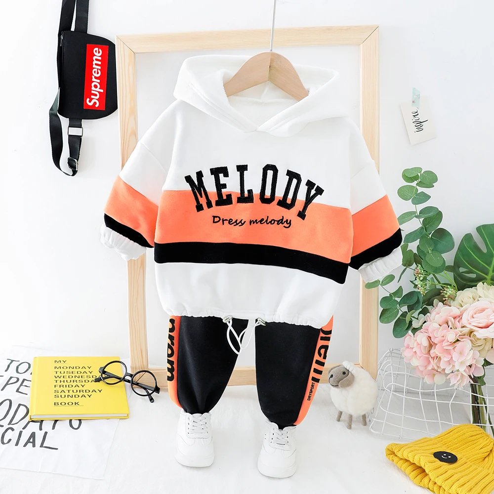 Autumn Winter Baby Infant Clothes Suits Toddler Boys Clothing Sets Striped Hooded Letter Coat Pants Kids Children Costume