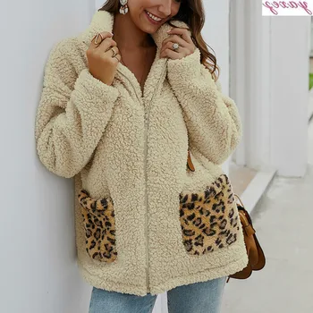 

2019 Women Patchwork Casual Teddy Bear Coat Faux Fur Autumn Winter Coats Leopard Jacket Plus Size Plus Overcoat Outwear