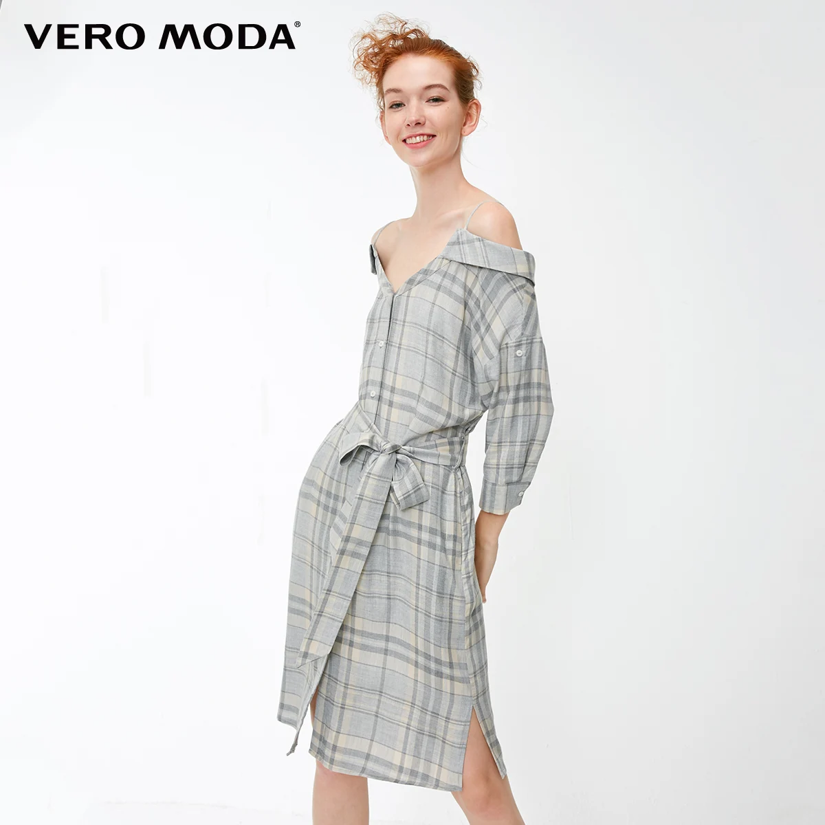 Vero Moda Новое поступление клетчатое платье-комбинация с открытыми плечами и длинными рукавами | 3184SZ502 - Цвет: Lt. grey mel.
