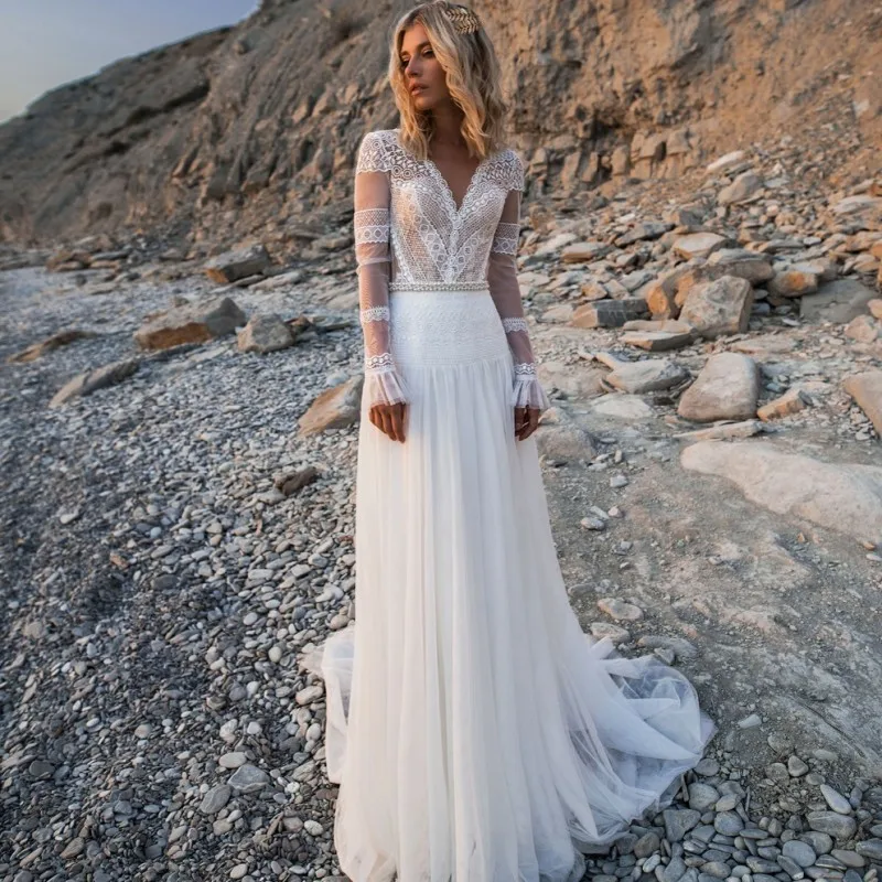 Один элемент элегантное Бохо с длинным рукавом свадебные платья Robe de mariee винтажное кружевное свадебное платье Свадебные платья из фатина