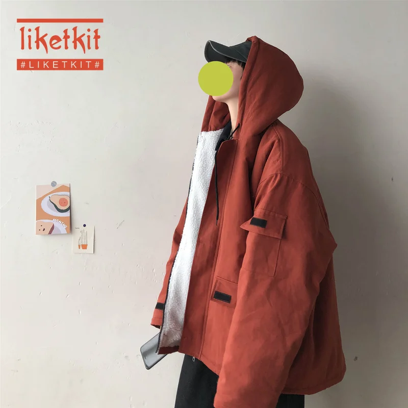 Liketkit, мужское зимнее пальто,, мужской большой размер, Одноцветный, овчина, толстый, с капюшоном, пальто, для мужчин, корейские пары, флисовые куртки и пальто