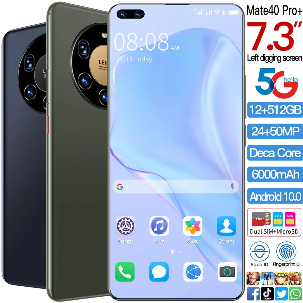 Global Version HUAWE Mate40 Pro+ Smartphone 7.3 Inch Full Screen Deca Core 6000mAh 12GB 512GB 4G LTE 5G Network Mobile Phone