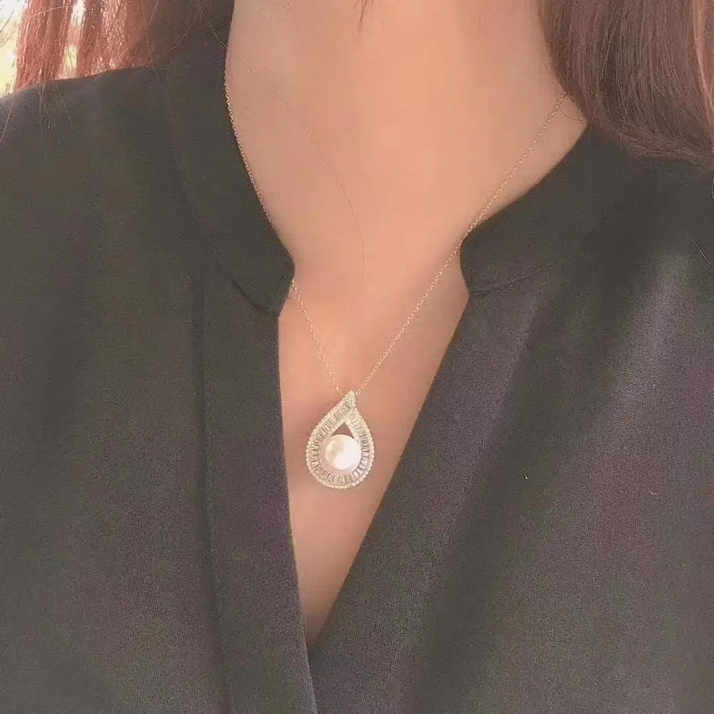 

S925 sterling silver gold plated natural freshwater white pearl 10mm necklace Waterdrops