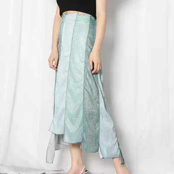 

Shiny Bling Women's Color Match Ankle-length Asymmetry High Waist Long Skirt Patchwork Skirts A4