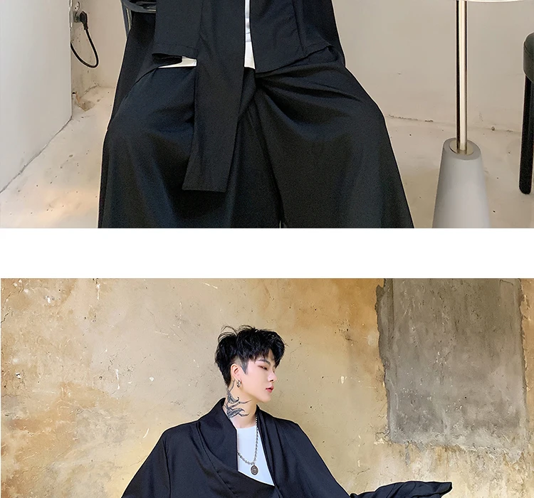 Men Japan Style Streetwear Gothic Irregular Windbreaker Jacket Kimono Cardigan Male Black Trench Coat Outerwear Stage Clothes