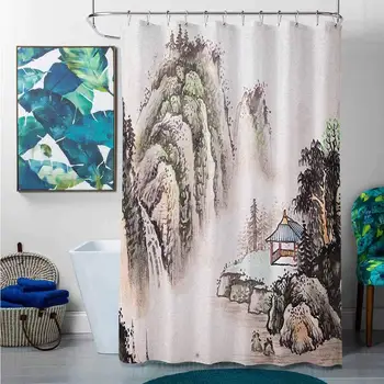 

Shower Curtains Valentines Day Ancient China,Chinese Landscape of Watercolor Painting Marquee in Valley Trees Sumi Style,