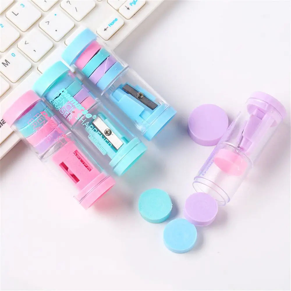 

1PC Candy Color Handcrank Pencil Sharpener with 4Pcs Erasers Kawaii Stationery Set Kids Girls Praise Gift School Office Supplies