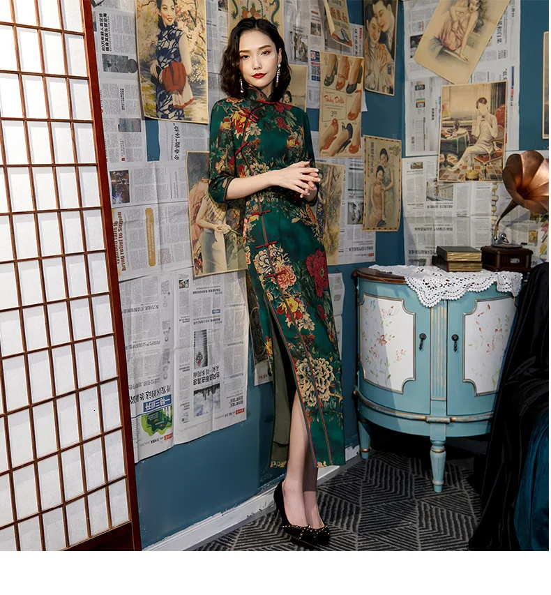 Sheng Coco размера плюс Ретро зеленый китайский стиль Qi Pao длинный рукав Cheongsam женское традиционное китайское восточное платье 4XL 5XL