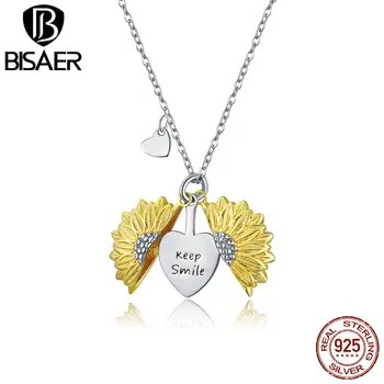 

BISAER Necklace 925 Sterling Silver Daisy Flower 45cm Adjustable Keep Smile Open Yellow Charm Chain Link Female Jewelry HVN183