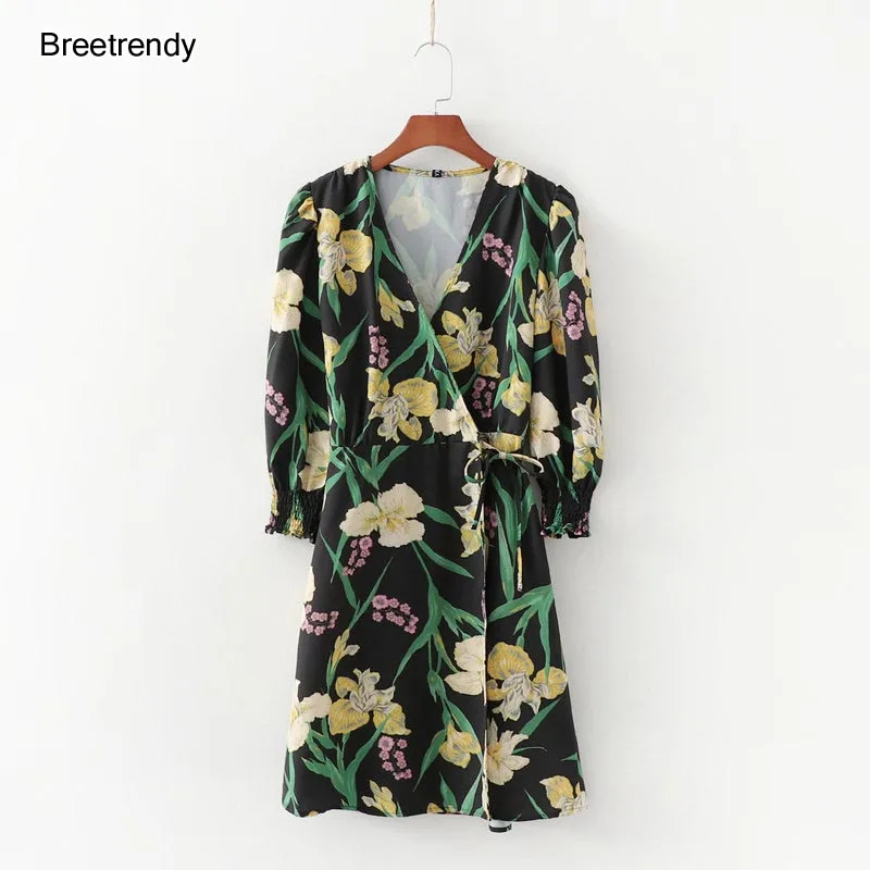 

QZ563 European Design V Neck Yellow Floral Print Side Ribbon Bow Knot Dress Women's Retro Vestidos