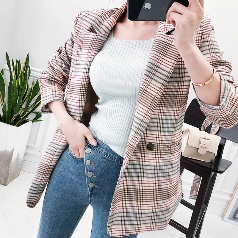 

2019 Autumn Clothing New Style Korean-style Suit Collar Elegant Double Breasted Plaid Lace-up Fashion Casual Suit Jacket Women's