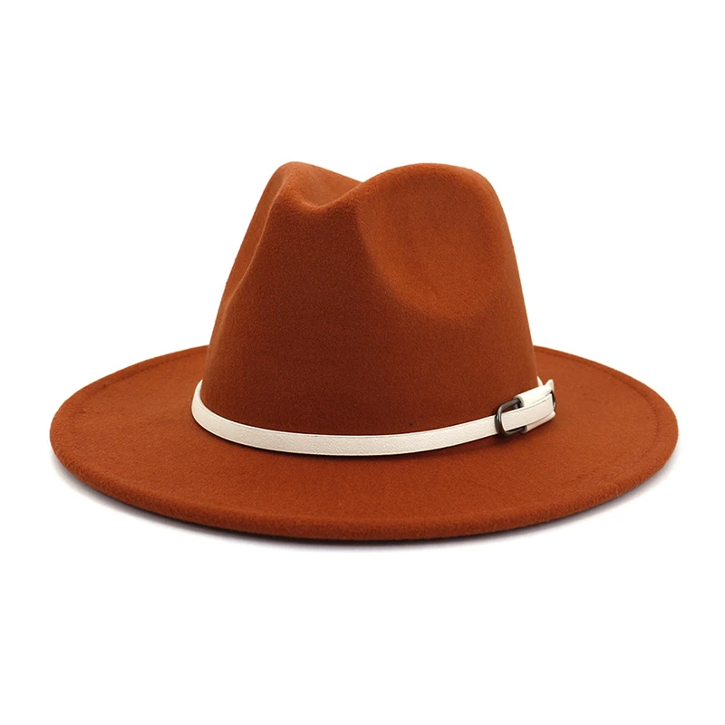 Rust Red fedora FS женский и мужской шерстяной джазовый головной убор для осени и зимы, теплые фетровые шляпы в европейском и американском стиле, круглые шапки-Котелки с белым поясом, 17 цветов - Цвет: Rust Red fedora