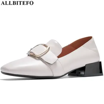 

ALLBITEFO comfortable Metal decoration high heels natural genuine leather high heel shoes elegant spring square toe women heels