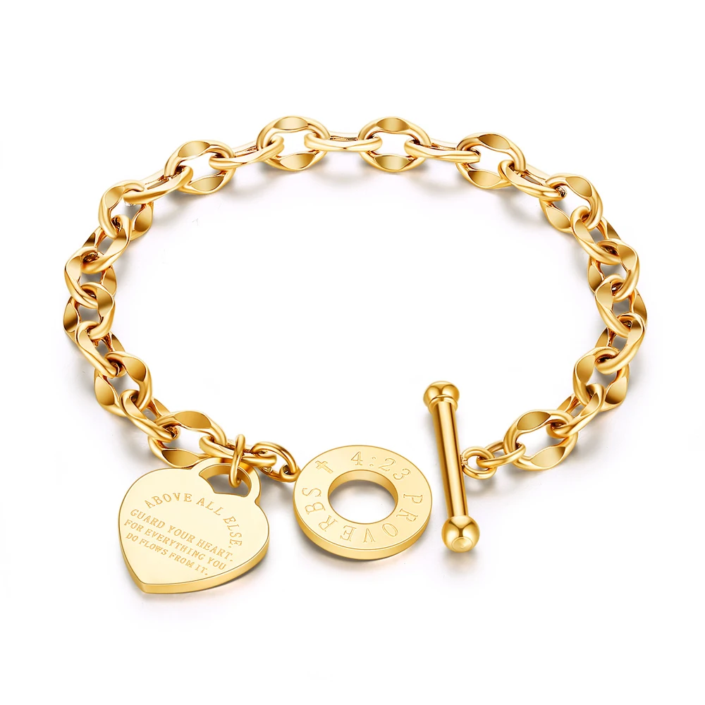 Kelistom 316L Stainless Steel Love Heart Charm Bracelet for Women Teen Girls Romantic Gift Silver/Rose/18k Gold Plated OT Clasp Bracelets 