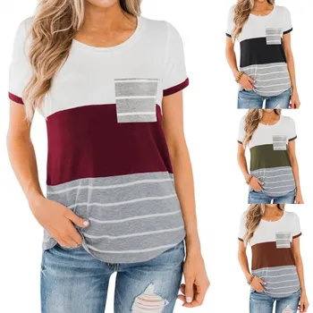 

clothing UVRCOS 2020 Spring Women's Top Pocket Three-Color Stitching Short-Sleeved Striped T-shirt Female