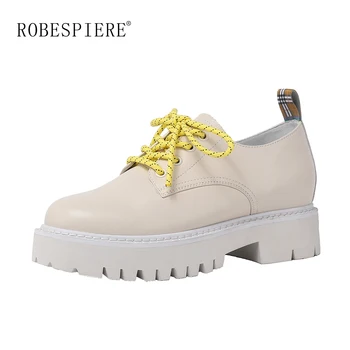 

ROBESPIERE Autumn Women Flat Platform Derby Shoes Genuine Leather Lace Up Flats Female Round Toe Casual Zapatos De Mujer A138