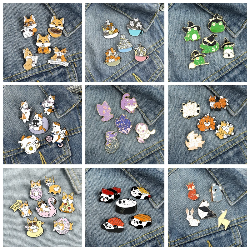 

4-7Pcs/Set Cartoon Animals Collection Cat Wizard Frog Enamel Pin Animal Hat Badge Clothes Bag Jewelry Anime Gifts For Kids Women