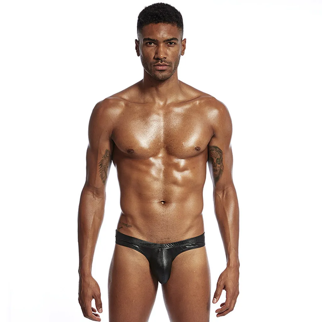 

New Men Briefs Bikini Sexy U Convex gay Underwear PU leather Men Underwear Bulge Pouch Underpants Gay Underwear ropa interior