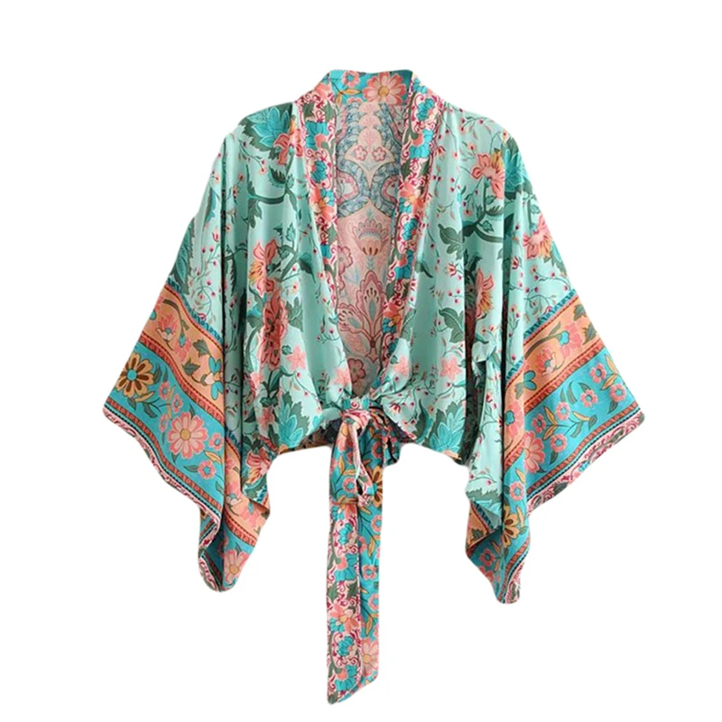 Женское Короткое Кимоно Boho винтажное кимоно с цветочным принтом и поясом новинка