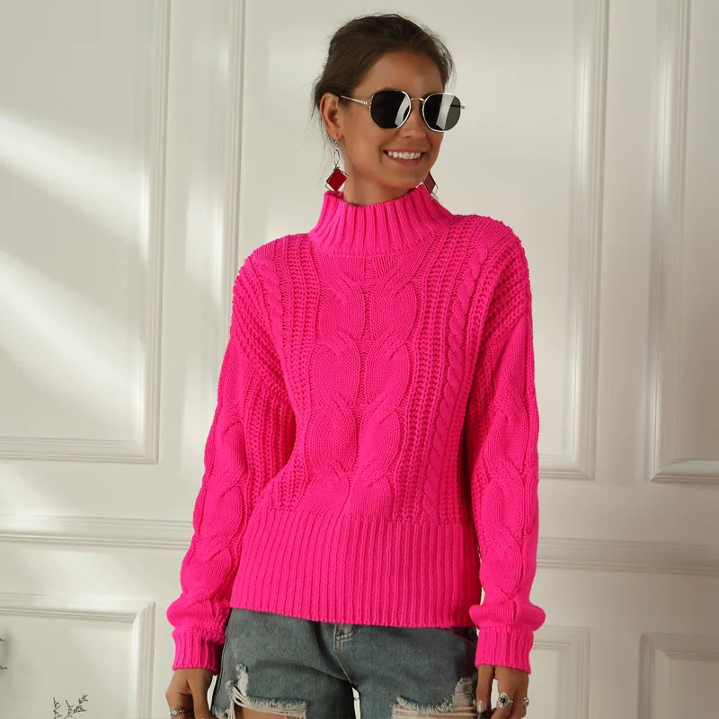 Неоновый свитер Женский вязаный фуксия розовая однотонная водолазка с коротким воротом Пуловер длинный Повседневный Свободный вязаный женский свитер, пуловер Джемпер