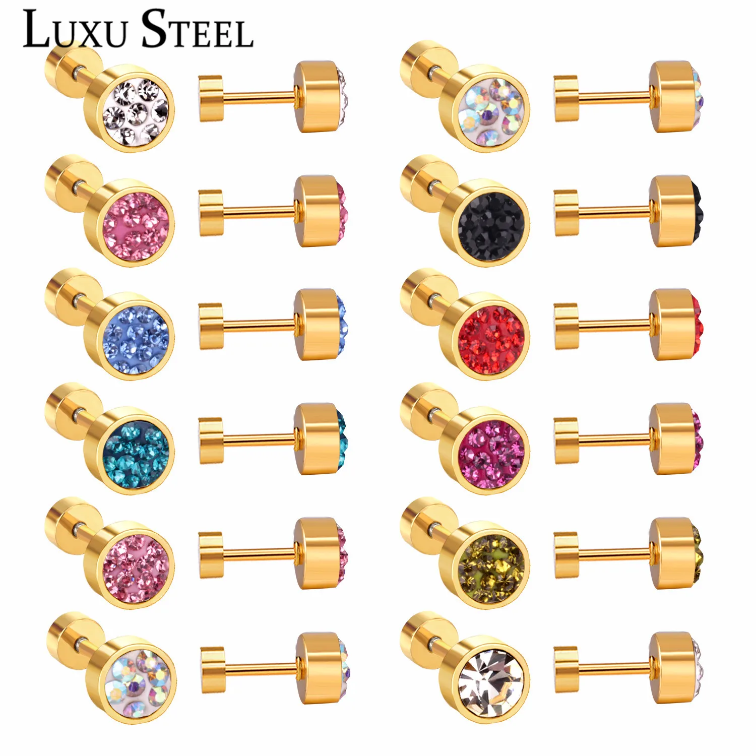 

LUXUSTEEL 12pairs/lots Colorful Round CZ Ear Stud Earrings Female Accessories Stainless Steel Screw Back Earring Party Wholesale