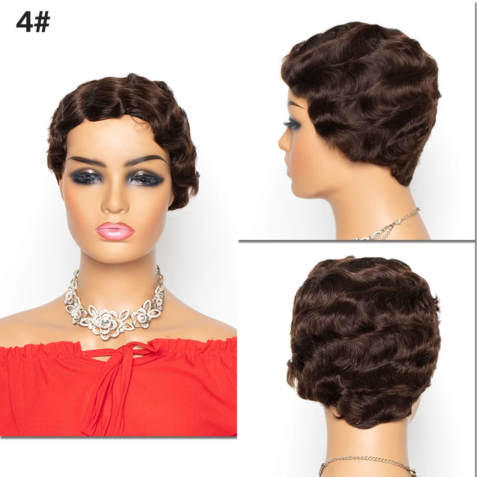 Onda do Dedo Perucas de Cabelo Bob para a Mulher Curto Perucas Pixie Corte Peruca Brasileira Remy Humano Mistura Cor Yepei Cabelo 10 Cheap Apliques com cabelo humano