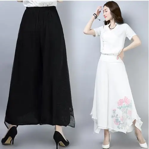

Summer Ethnic Style Vintage Embroidery Wide Leg Pants High Waist Trousers Women Loose Black Artistic White Skirt Pants LJ797
