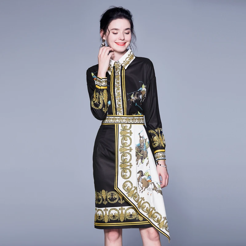 

Fashion two-piece autumn new lapel long-sleeved Slim printed shirt + irregular package hip skirt two-piece suit
