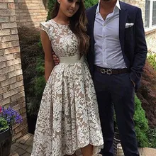 Платье для выпускного вечера, Высокий Низкий драгоценный камень, короткие рукава, цвета слоновой кости, кружевные вечерние платья для выпускного вечера