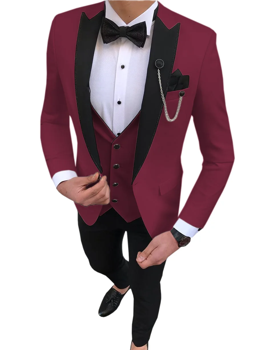 Burgundy Мужские костюмы из 3 предметов, облегающий повседневный мужской костюм с отворотом белого цвета слоновой кости, деловой смокинг для торжественных свадеб(Блейзер+ брюки+ жилет - Цвет: Burgundy