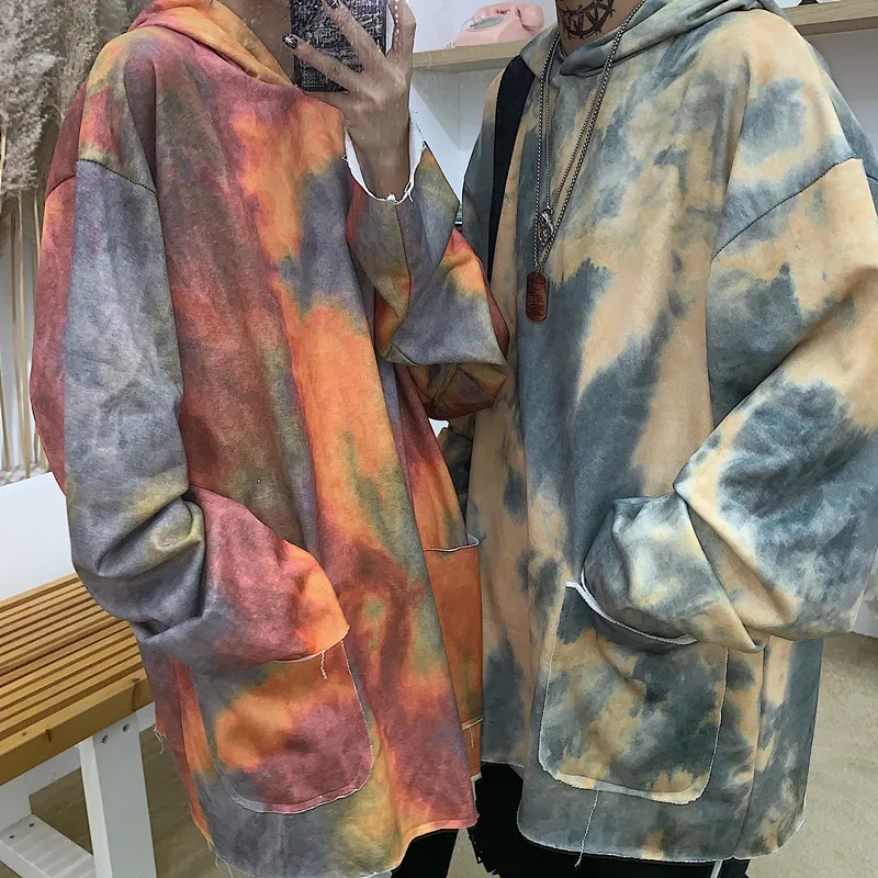 Негабаритных Harajuku уличная граффити галстук краситель контраст с капюшоном карман Толстовка пуловер Толстовка для женщин мужчин панк хип хоп тонкая футболка
