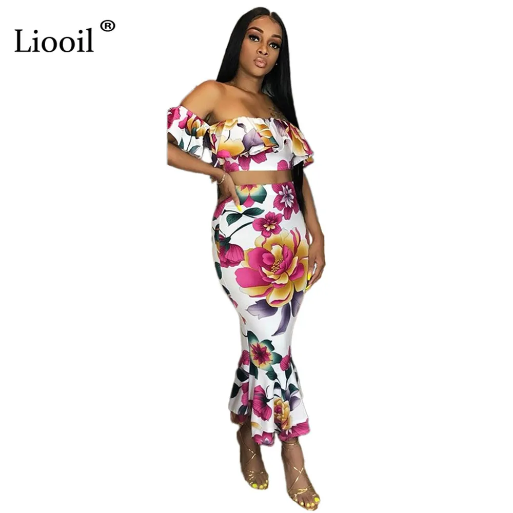 

Liooil White Strapless 2 Piece Set Flower Print Ruffle Maxi Dress Fall 2019 Off The Shoulder Night Club Party Sexy Long Dresses