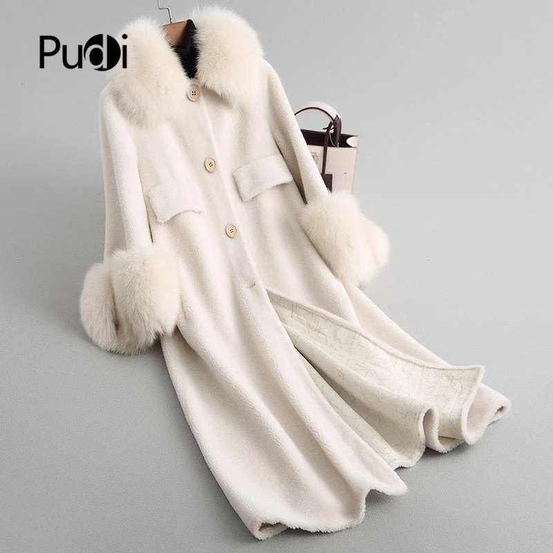 

PUDI women's winter warm real wool fur coat jacket vest lady overcoat with real fox fur collar F18002