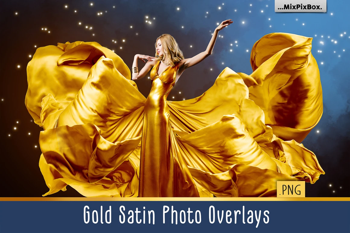 平面素材-44P 金丝布料飘纱PNG透明背景照片叠加素材Gold Satin Photo Overlays(3)