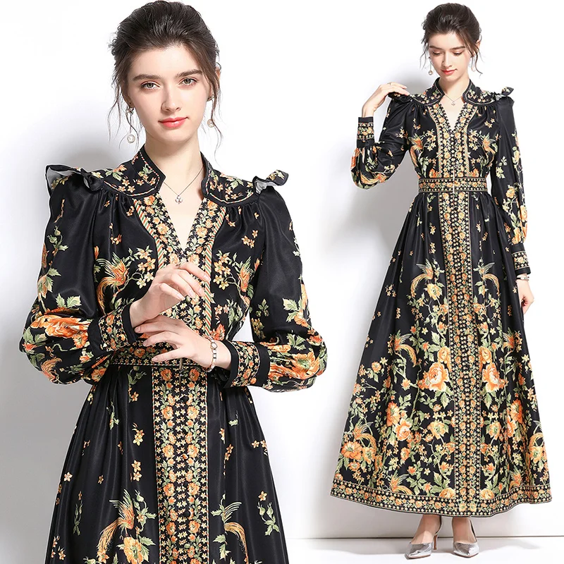 

WTIANYUW Autumn New 2021 Women's Dress Palace Style Retro V Neck Print Lantern Sleeve Maxi Dress Female