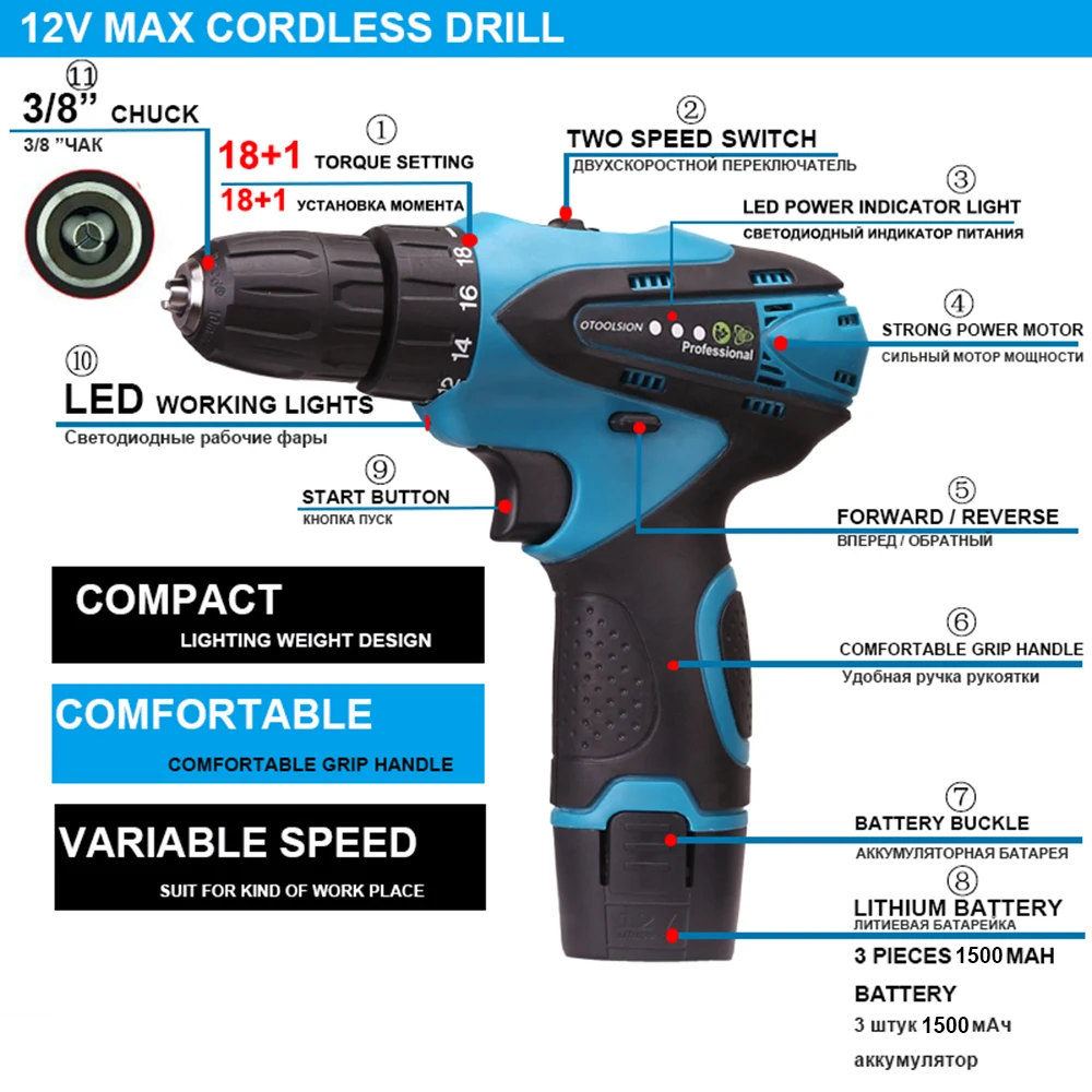 12V Electric Tools 1.5Ah Lithium-Ion Battery Screwdriver 18+1 Torque Cordless Drill Electric Drill For Drilling in Ceramic Wood (2)